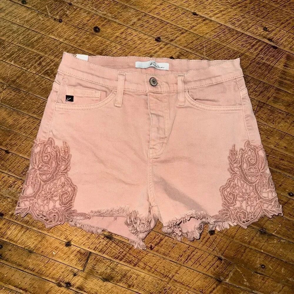 Kancan blush pink lace trimmed 27 cutoff denim shorts